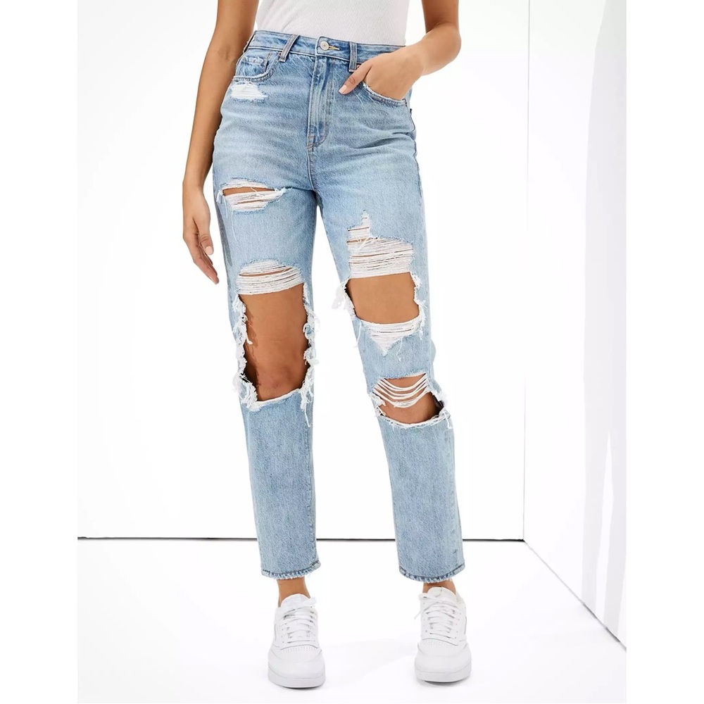 AE Ripped Highest Waist Mom Jean in Indigo Skylight Destroy